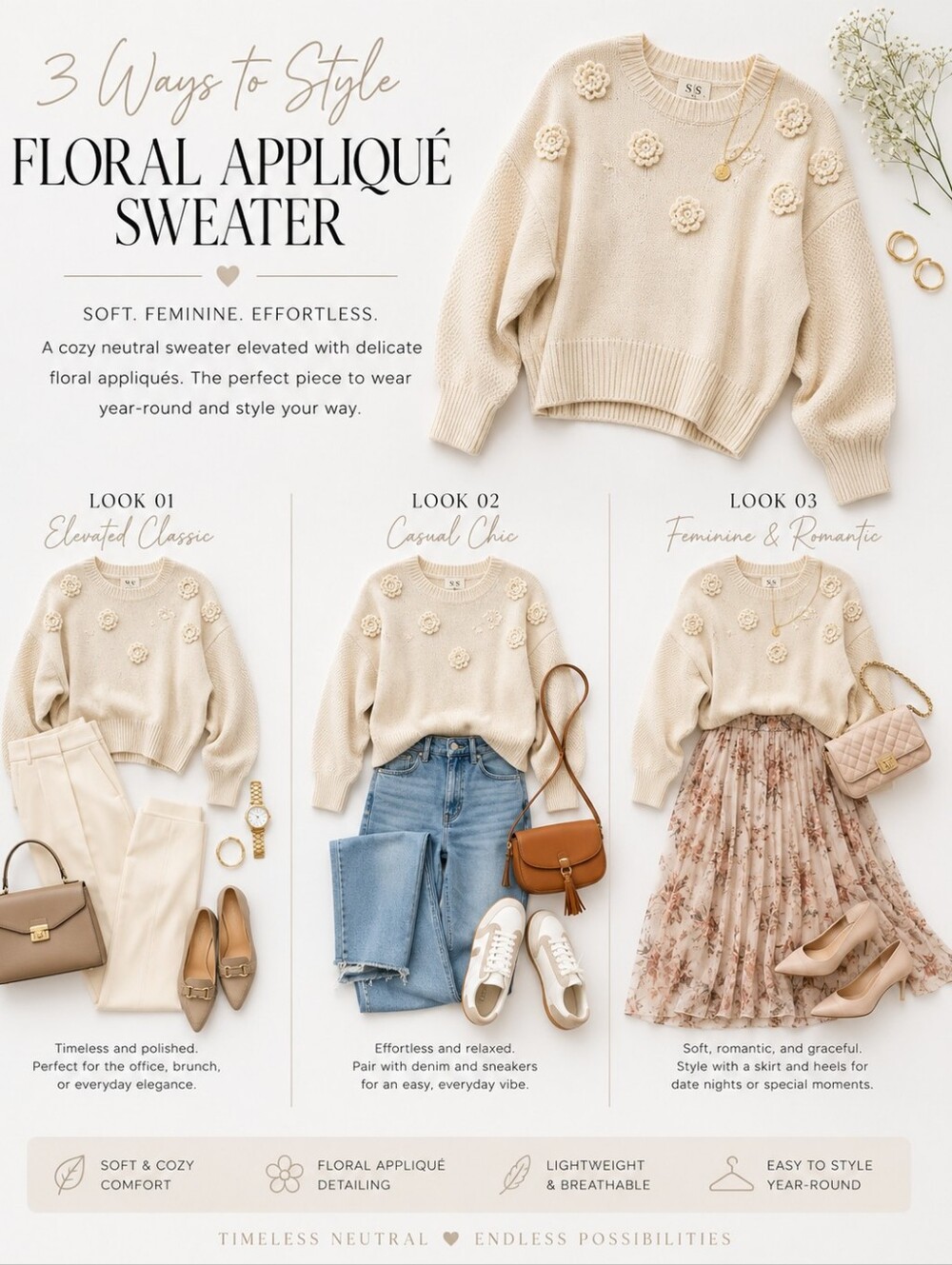 Jessica Simpson Floral Embellished Knit Sweater Size M | Cream 3D Flower - Picture 3 of 8
